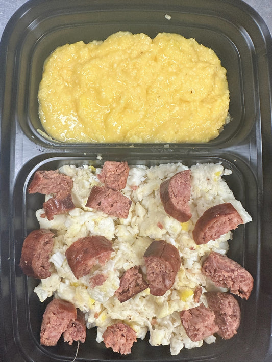 Breakfast Plate: Eggs, Grits, Turkey Bacon or Sausage