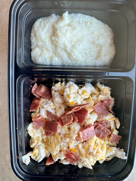 Breakfast Plate: Eggs, Grits, Turkey Bacon or Sausage